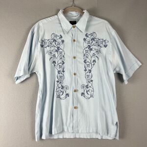 BC Ethic Hawaiian Shirt Men Large Blue Floral Embroidery Aloha Tropical